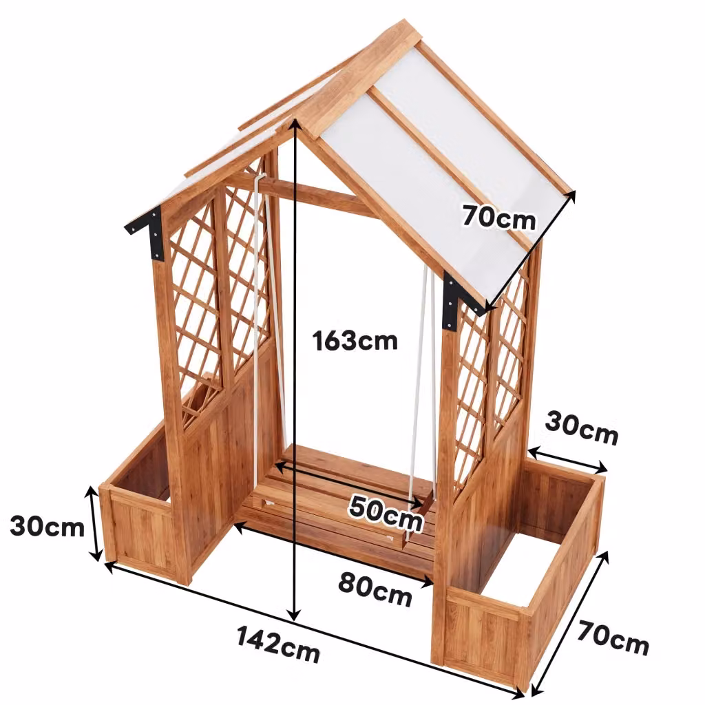 Altalena da giardino REDOM con spalliera e fioriera in legno massello marrone L/P/H: 163 x 142 x 70 cm – 2
