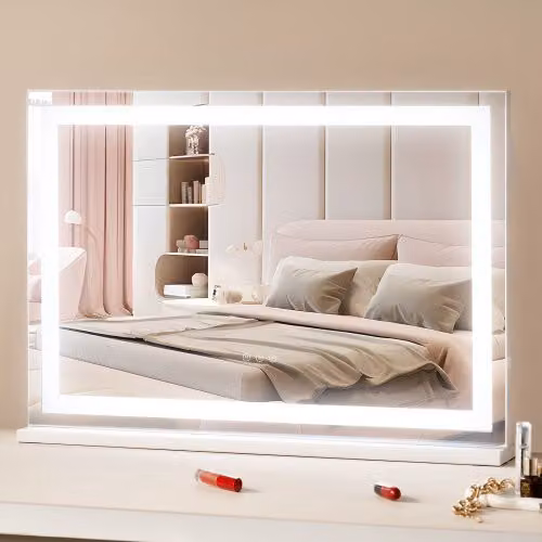 VEVOR Specchio per Trucco con Lampadine LED, Bianco, con Porta USB, 3 Modalità di Illuminazione, Specchio Ingranditore 5X Rimovibile, Controllo a Tocco e Rotazione a 360°, L: 79,7 cm, H: 54,7 cm