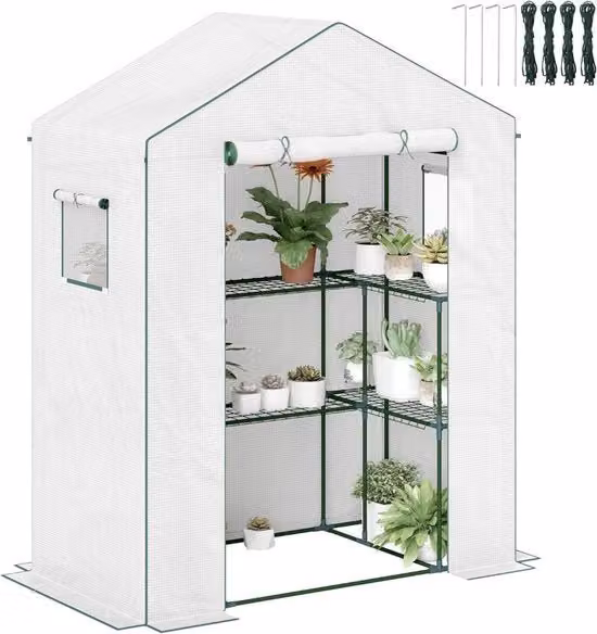 Cassa per la coltivazione con 3 strati e scaffalature per balcone con telaio in acciaio e porta scorrevole per piante, verdure e fiori 140 x 73 x 190 cm