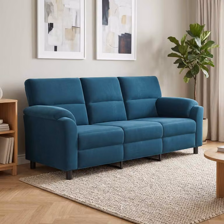 Divano moderno vidaXL in velluto blu con struttura in metallo, L: 214 cm, P: 85 cm, H: 93 cm