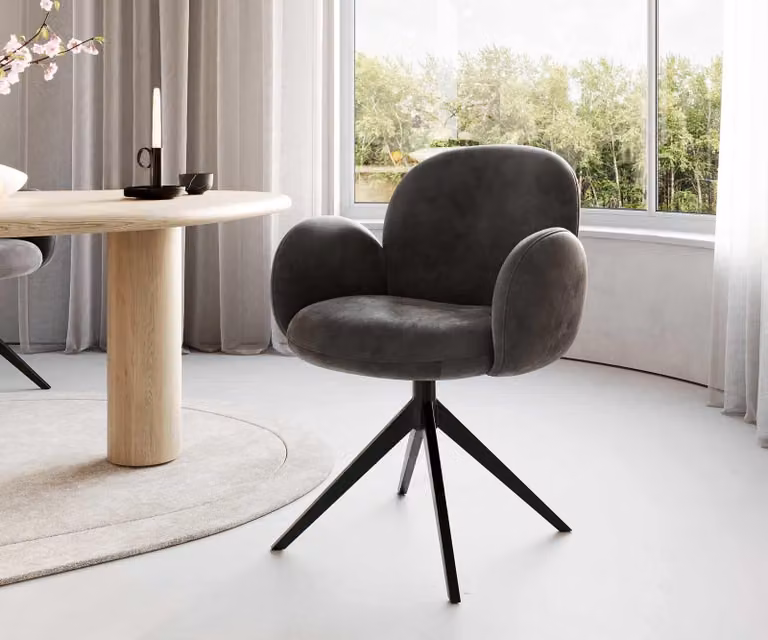 Sedia girevole DELIFE Nube-Flex con braccioli in microfibra antracite vintage, base a croce larga, nera, girevole a 360°, molle insacchettate