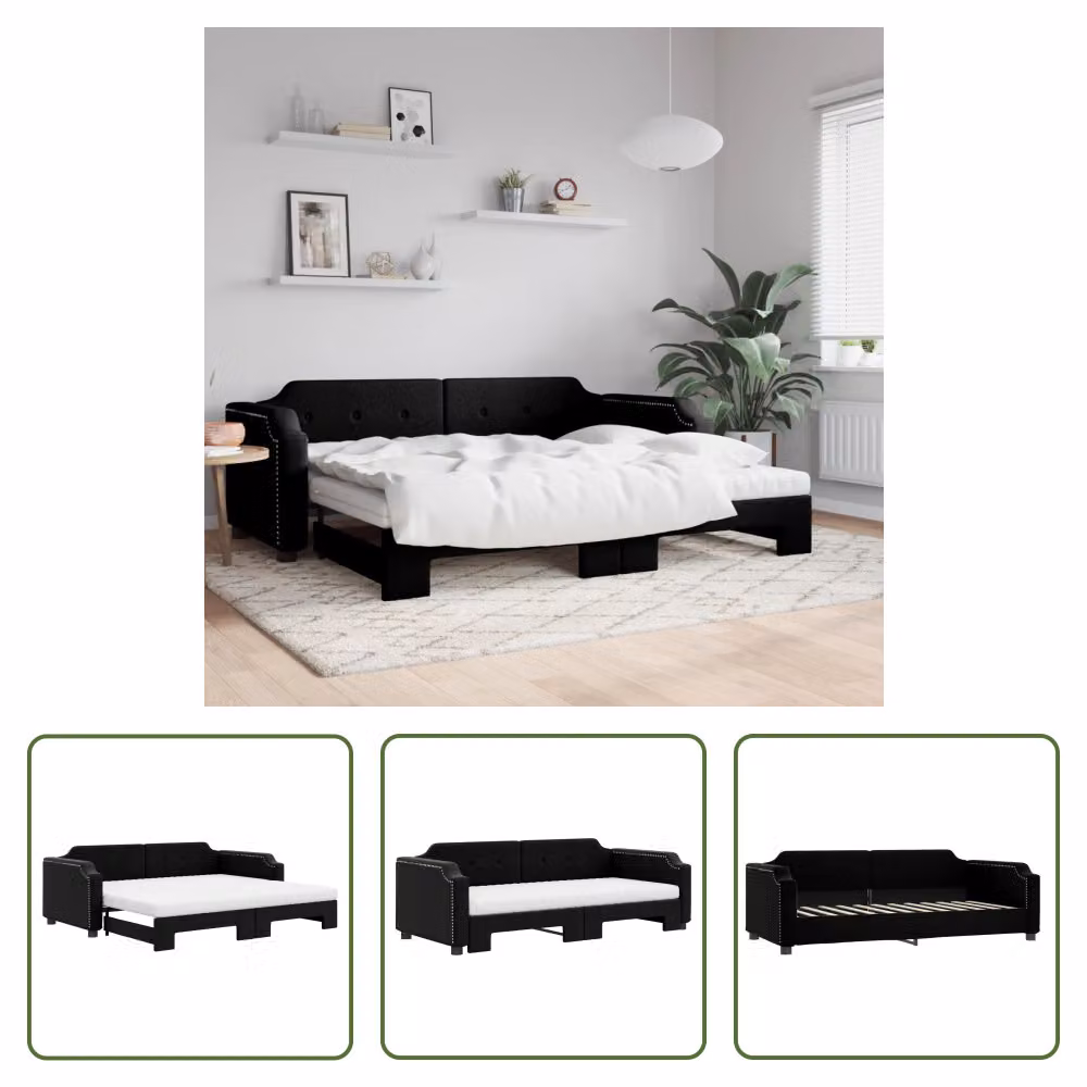 The Living Store Lettino allungabile con materassi nero 90x200 cm in tessuto