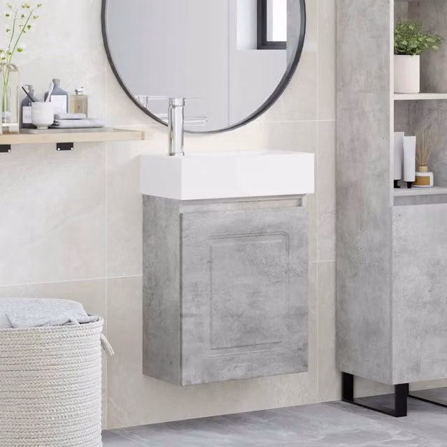 Mobile bagno sospeso vidaXL moderno in MDF e ceramica Grigio e Bianco L: 45,5 cm, P: 22,5 cm, H: 84 cm – 1