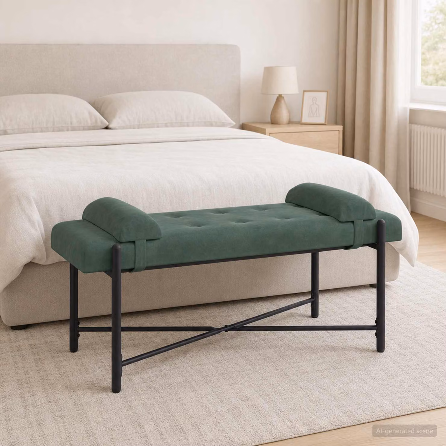 Panchina moderna vidaXL in velluto con bottoni e cuscini Verde, L 110 x P 40 x H 46 cm