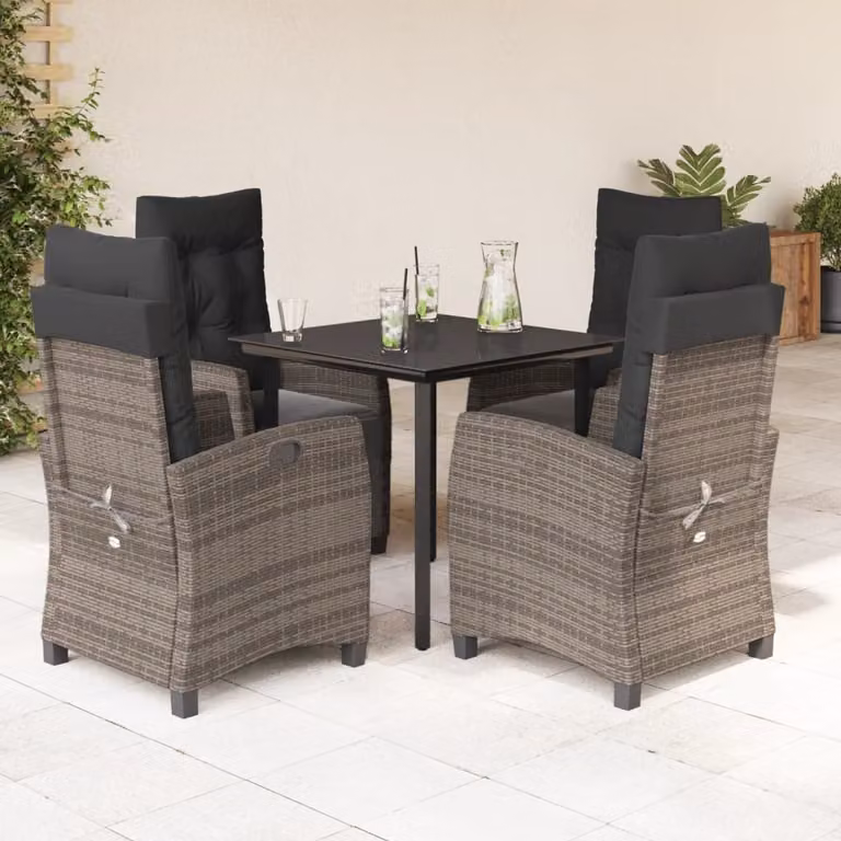 Set da pranzo da giardino vidaXL in polyrattan e vetro con 5 pezzi e cuscini, colore grigio e nero