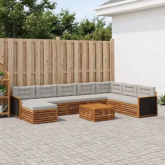 Set di divani da esterno vidaXL a forma di U in legno di acacia con tavolino e pouf, colore marrone e grigio