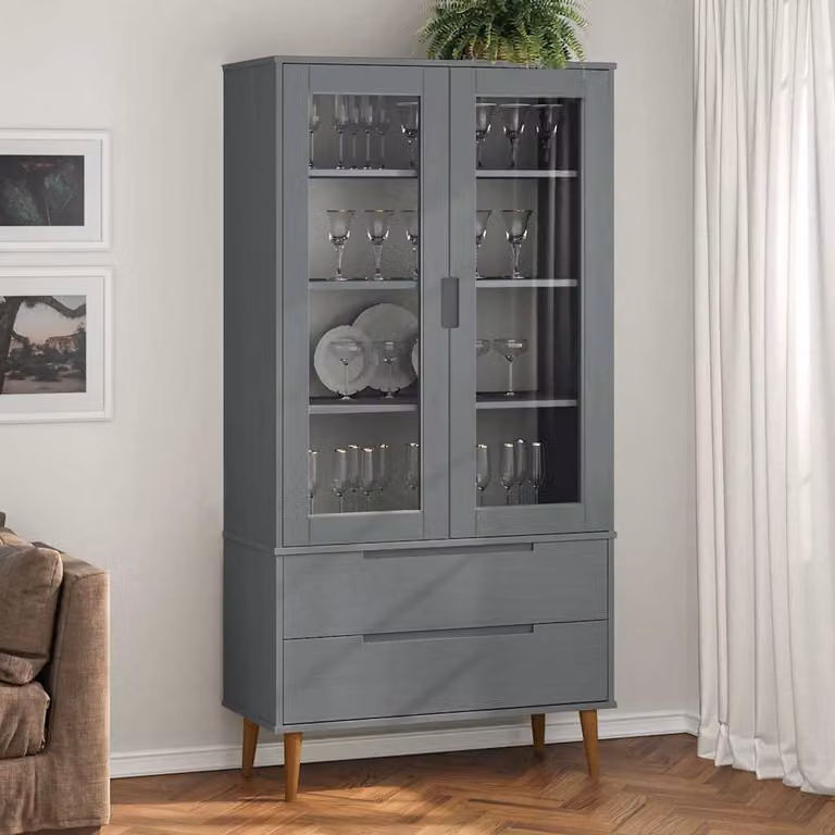 Vetrina MOLDE vidaXL in legno massello di pino grigia con ante in vetro L 90 cm, P 35 cm, H 175 cm