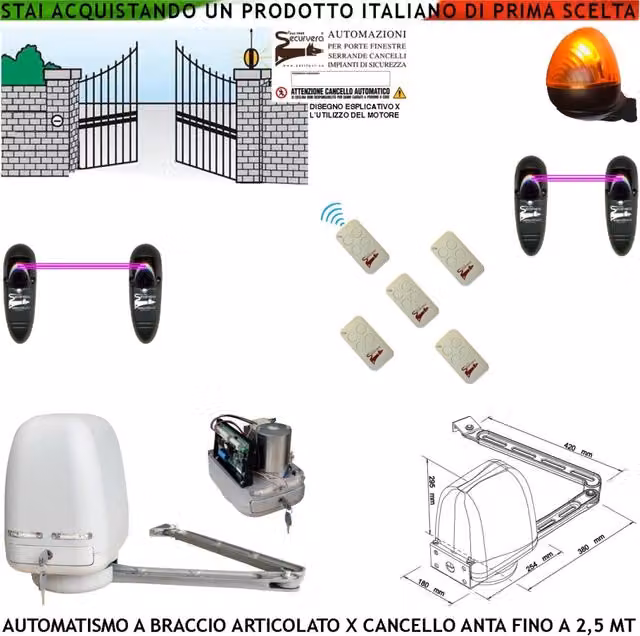 AUTOMATISMO CANCELLO KIT MOTORE A BRACCIO ARTICOLATO 220/24 V ANTA BATTENTE DA 0,5 A 2,5 MT CENTRALE 5 RADIOCOMANDI FARO 2 FOTOCELLULE