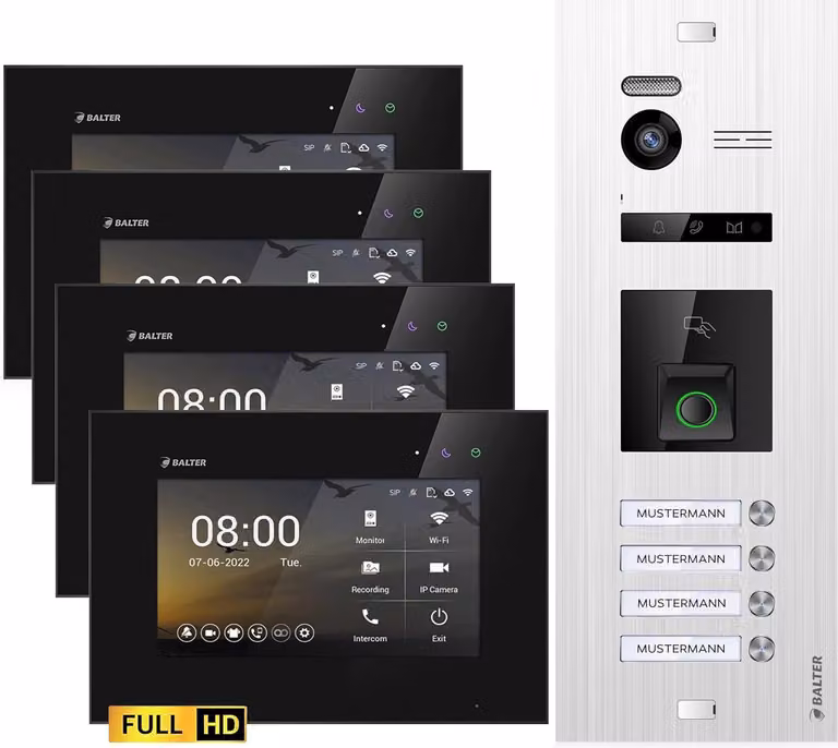 Videocitofono Balter EVO HD con impronta digitale e RFID per casa quadrifamiliare, 4x monitor