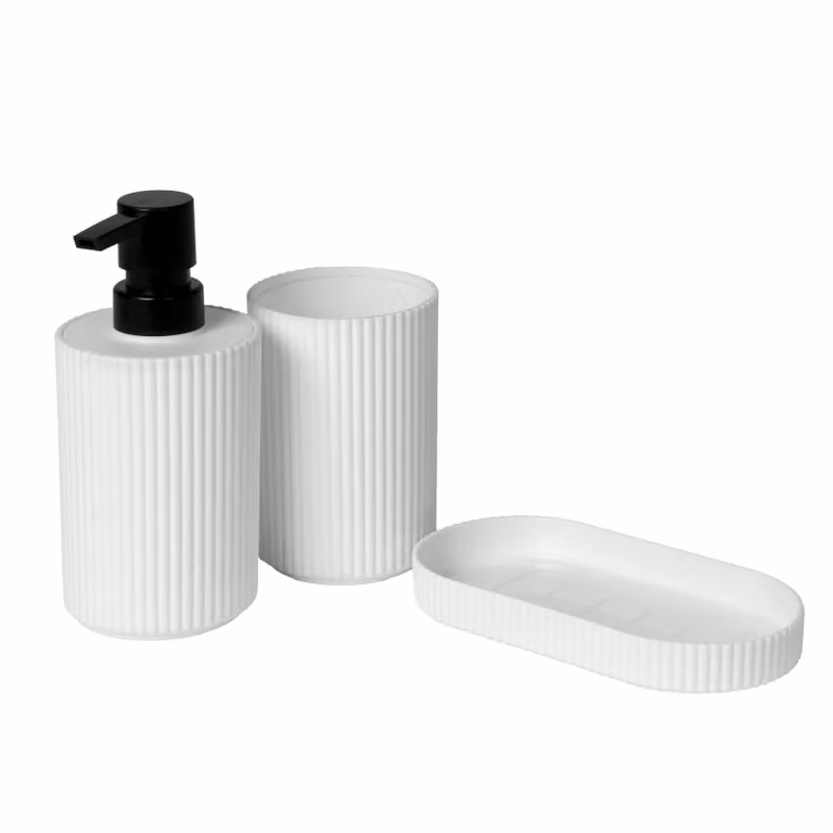 Set bagno Vestiamo Casa in polipropilene bianco composto da 3 pezzi con dispenser di sapone, portaspazzolini e porta sapone
