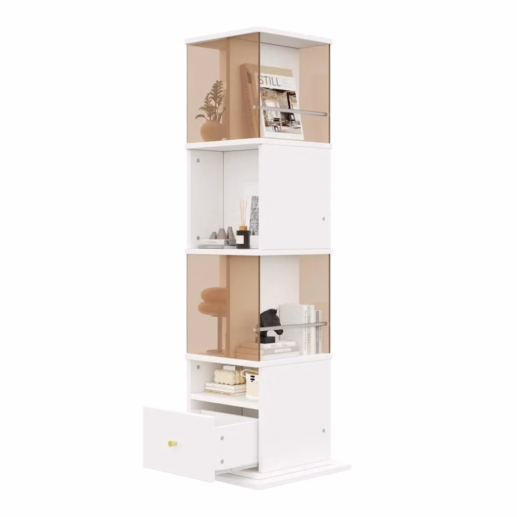 Mobile Vetrina Girevole Minimal Bianco e Marrone con Vetro Temperato e Illuminazione Integrata, L/P/H: 50 x 50 x 160 cm – 2