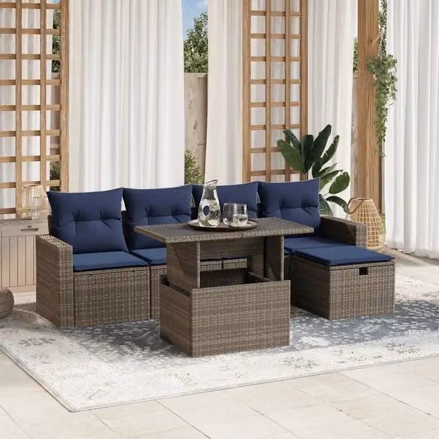 Set di Divani da Giardino a L con Polyrattan e Cuscini vidaXL, Grigio e Blu