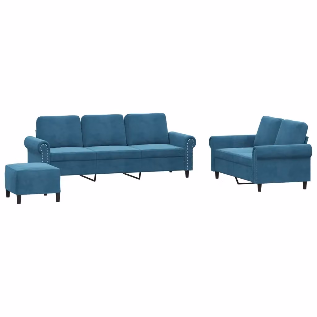 Set di divani vidaXL in velluto blu con pouf e cuscini per soggiorno – 2