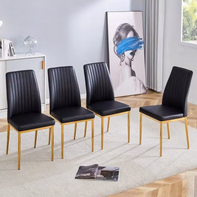 Set di 4 sedie da pranzo OKWISH con schienale ergonomico in ecopelle nera e metallo oro per cucina e soggiorno