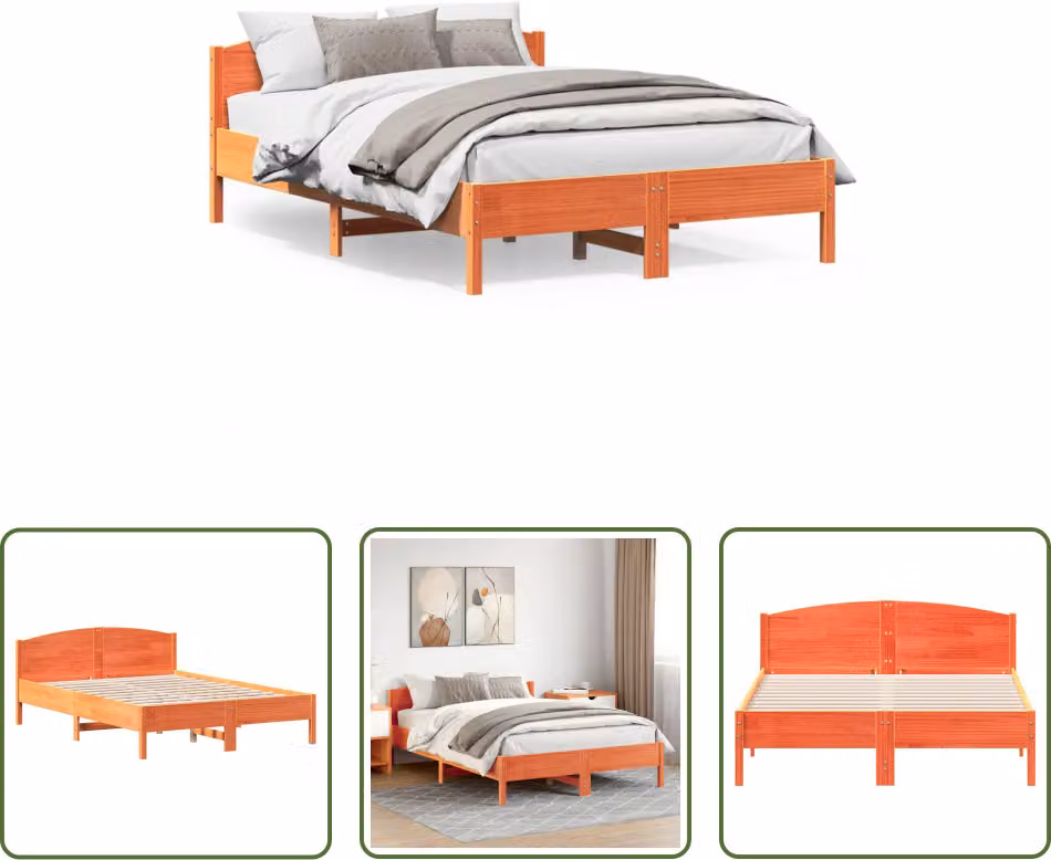 The Living Store Letto in legno massiccio con testiera marrone cera 150x200 cm pino
