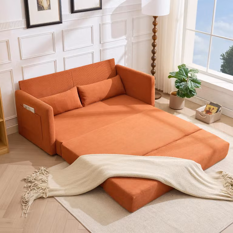 LVHOM Divano letto estraibile a 2 posti in velluto a coste, divano letto con funzione letto e tasche laterali, divano letto per ospiti incl. 2 cuscini, 165 x 92 x 82 cm, arancione