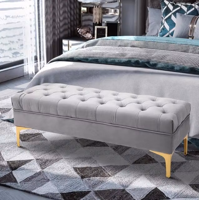 Panca imbottita ULEVR 118x45x42 cm in velluto grigio chiaro con gambe in metallo dorato