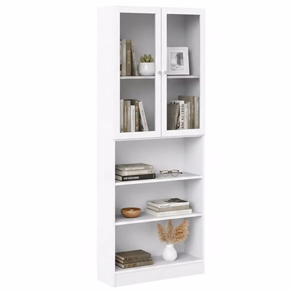 Libreria DMORA con ante in vetro e ripiani regolabili, Mobile porta libri moderno Bianco, L: 79 cm, P: 28,3 cm, H: 203,2 cm – 2