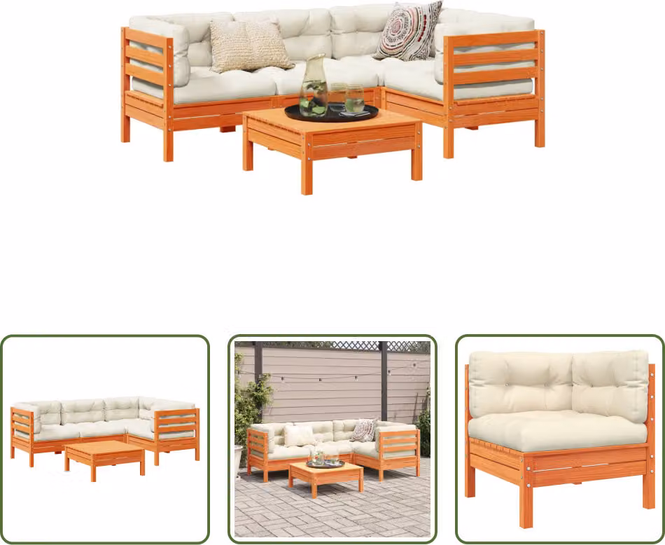 The Living Store Set di divani da giardino 5 pezzi con cuscini Wax in legno di pino marrone