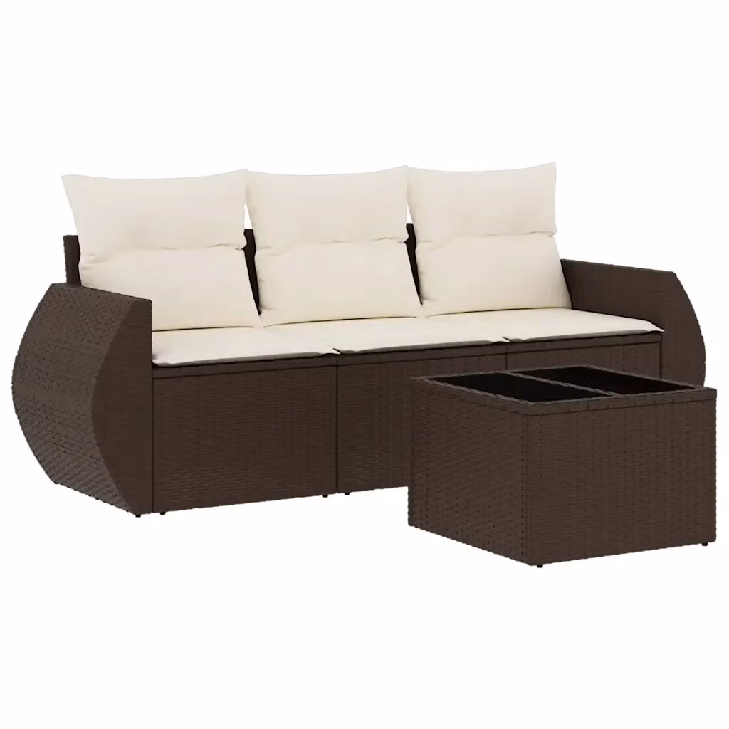 vidaXL Set Divano da Giardino a L in Polyrattan Marrone con Cuscini Bianchi e Tavolino da Esterno – 2