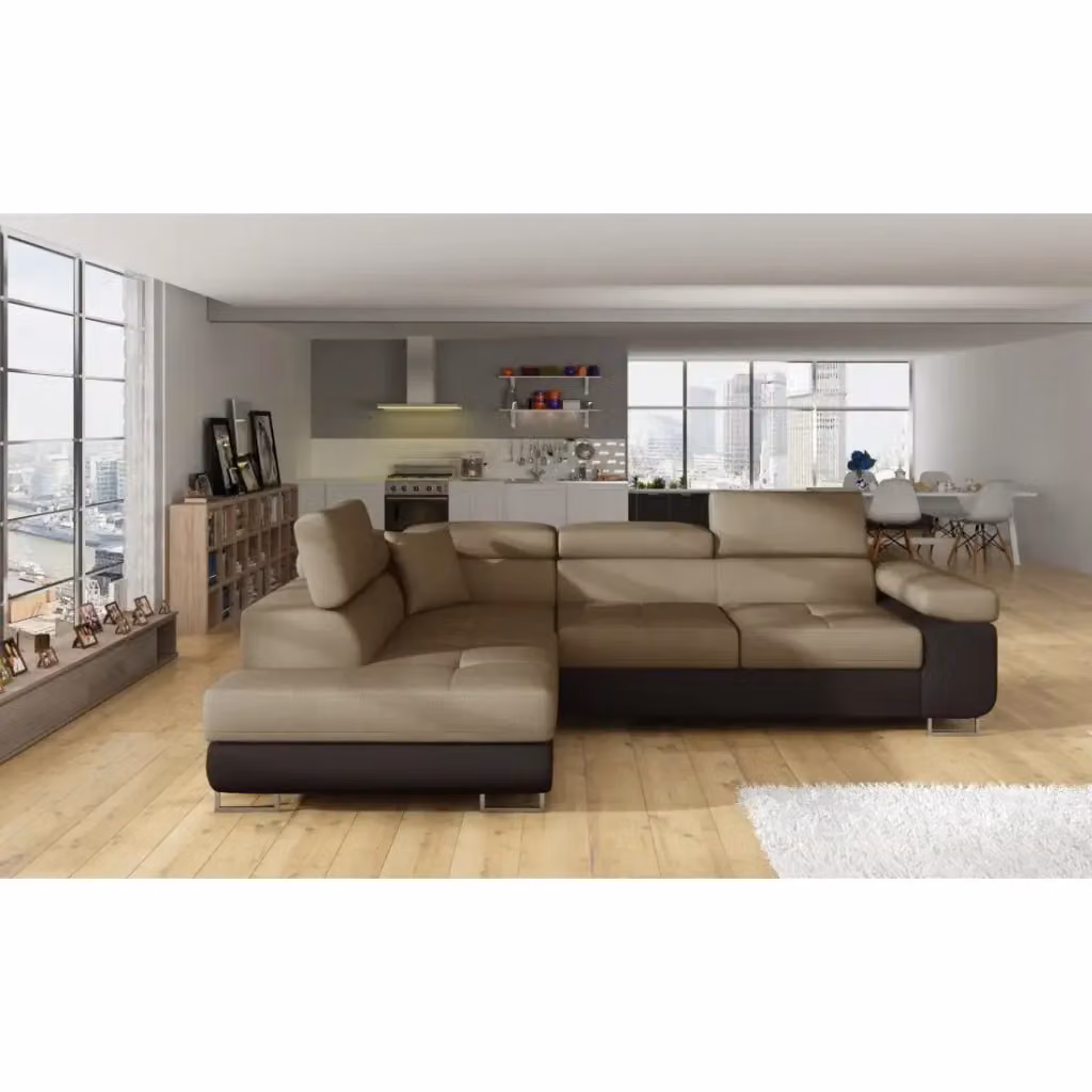 Divano angolare trasformabile MENTON MEUBLORAMA beige e marrone in tessuto bouclé con angolo sinistro, contenitore e funzione letto, L 272 cm x P 145 cm x H 85 cm – 2