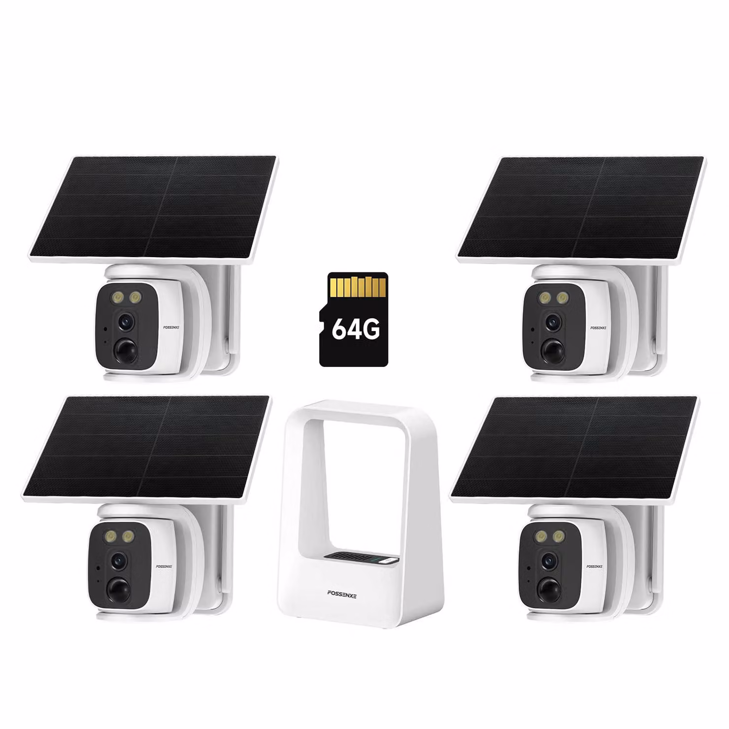 Kit di videosorveglianza solare FOSSENXE da 4 telecamere da 4MP con Wi-Fi e base stazione – 64GB di memoria locale, rotazione orizzontale e verticale (PTZ) con tracciamento automatico, visione notturna a colori, Wi-Fi 5G/2.4G
