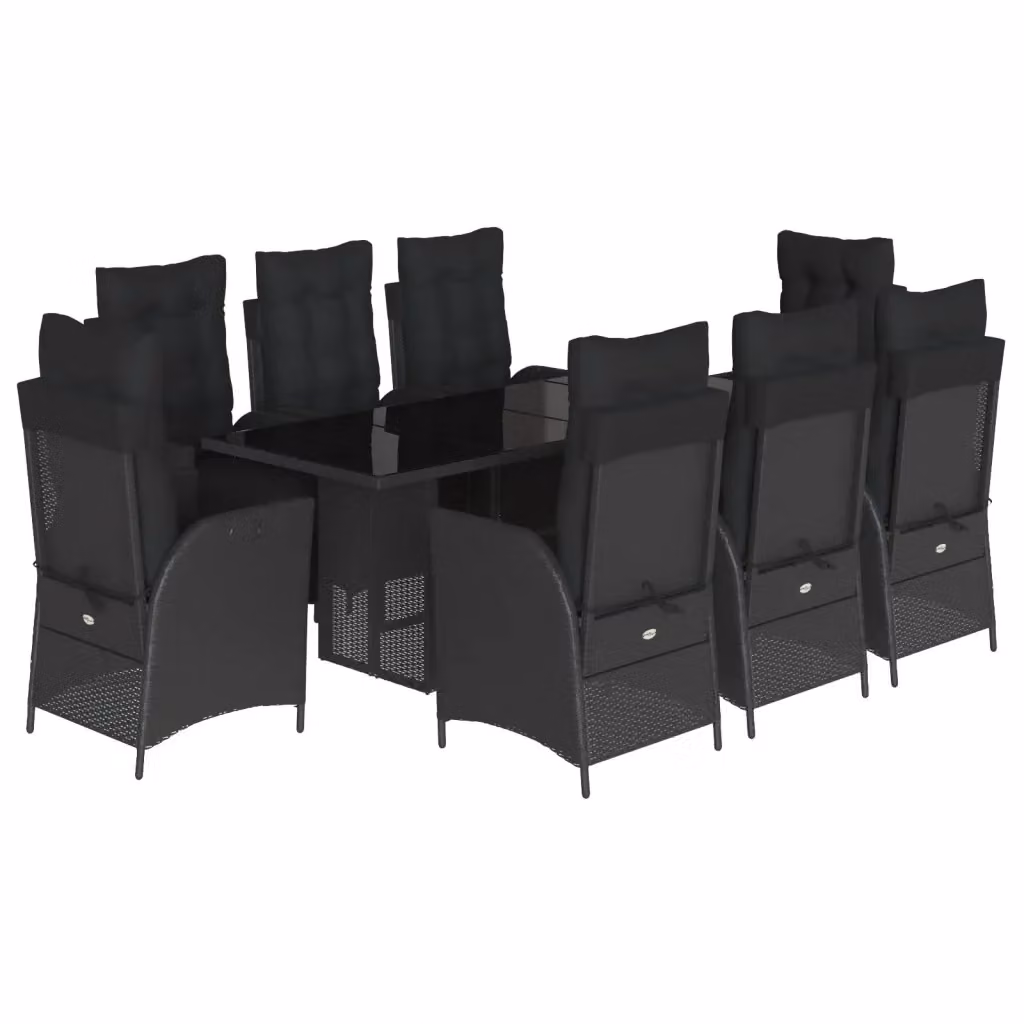 Set da pranzo da giardino vidaXL in polyrattan nero con cuscini e tavolo in vetro, 9 pezzi – 2