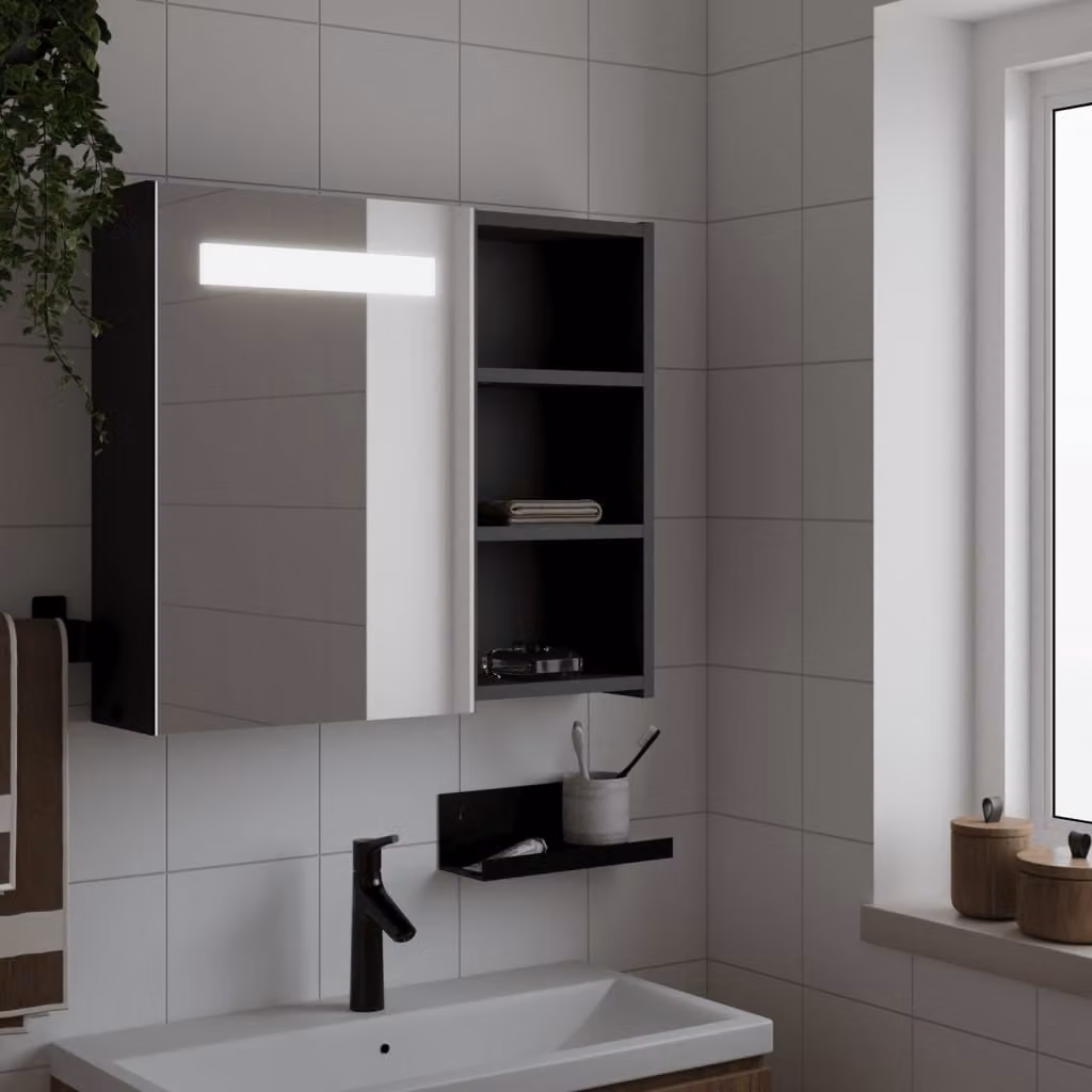 Armadietto da bagno moderno vidaXL con specchio e illuminazione LED nero L: 60 cm, P: 13 cm, H: 52 cm