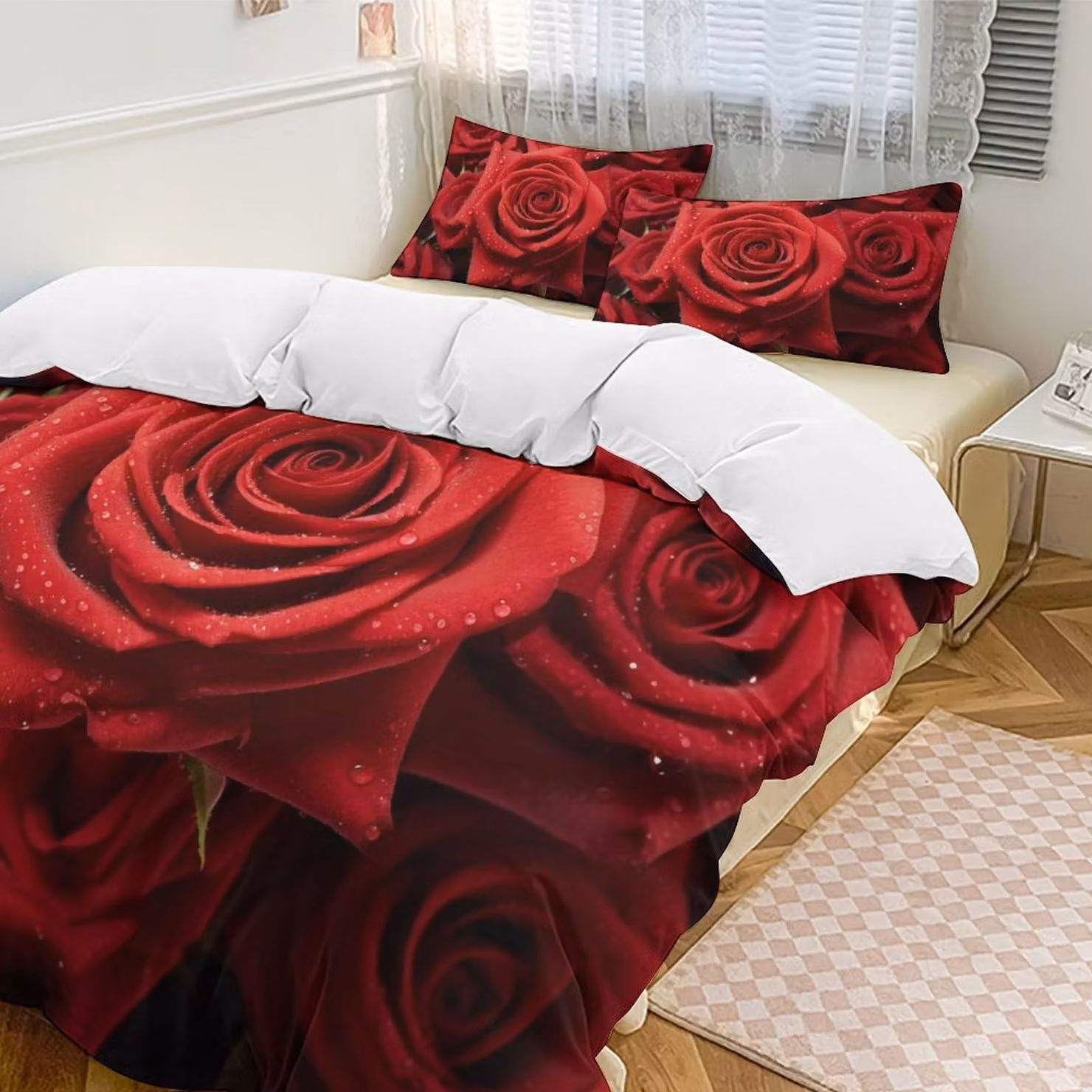 Set di lenzuola con copripiumino da tre pezzi, con motivo di rose rosse, adatto per tutte le stagioni