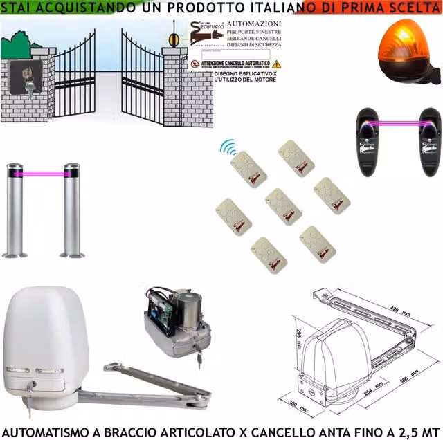 Automatismo Cancello Kit Motore a Braccio Articolato 220/24 V Anta da 0,5 a 2,5 MT Centrale 7 Radiocomandi Faro Selettore 2 Paline 2 Fotocellule