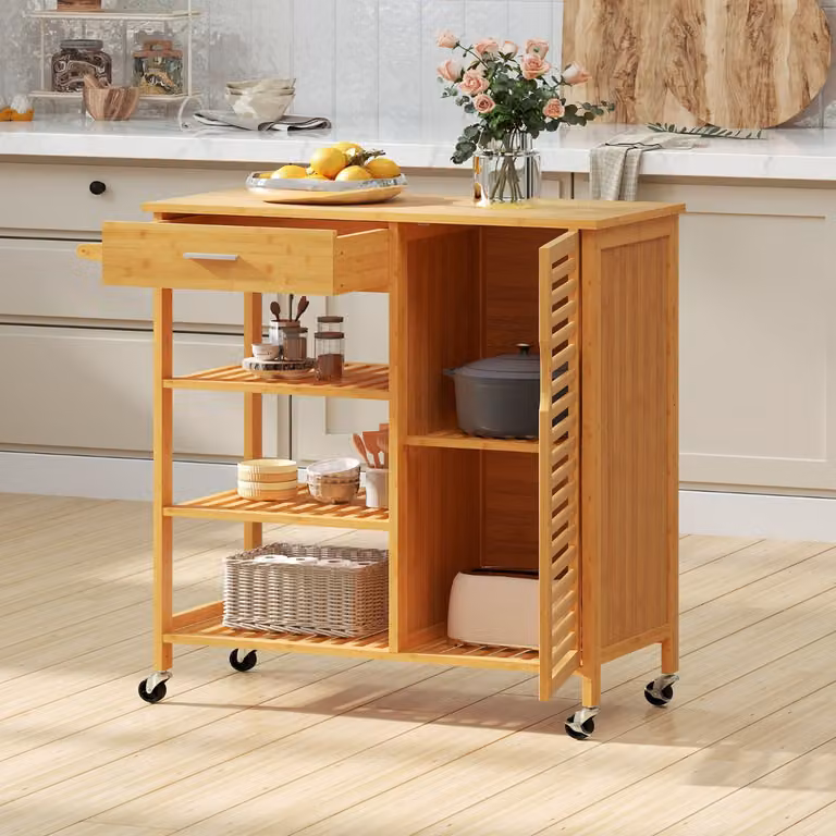Carrello isola cucina Costway in bambù con cassetto e 3 ripiani aperti, mobile in stile scandinavo per cucina e sala da pranzo, Naturale