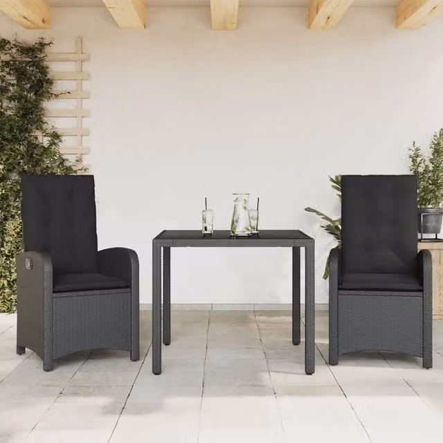 Set da Pranzo da Giardino 3 pz con Cuscini Nero in Polyrattan 3212203