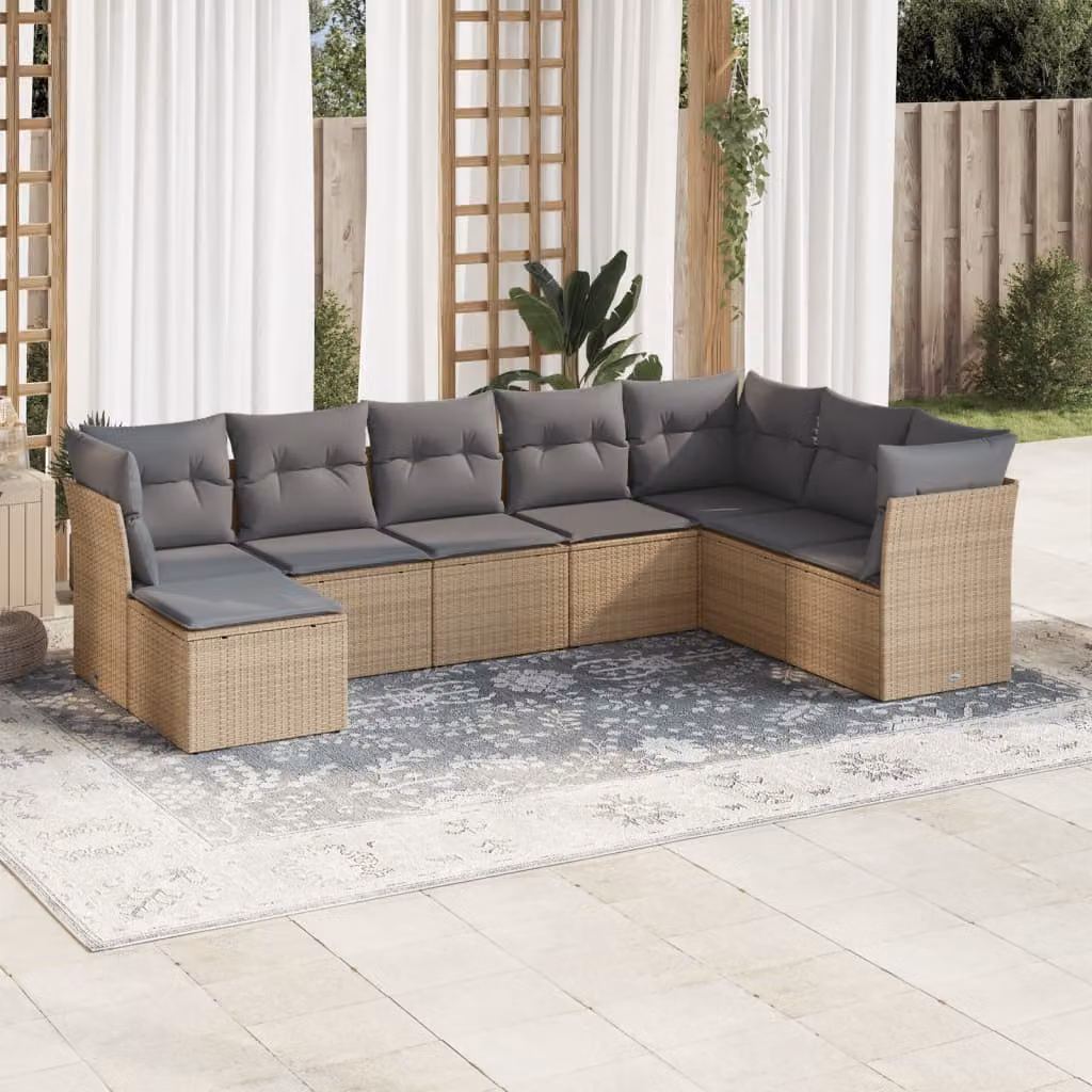 vidaXL Set Divano da Giardino 8 pz a Forma di L in Polyrattan con Cuscini Beige e Grigio e Coperture Rimovibili – 1