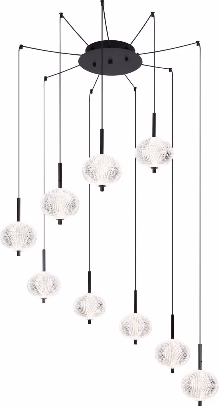 Lampada a sospensione Globo Lighting, struttura in metallo nero opaco, diffusore in acrilico trasparente, cavo in PVC nero. Dotata di diverse intensità regolabili tramite interruttore a parete, colori fissabili, funzione di memoria, altezza regolabile, di