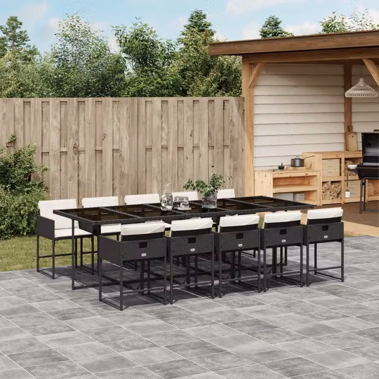 vidaXL Set da Pranzo da Giardino 11 pz in Polyrattan con Piano in Vetro e Cuscini Nero e Bianco