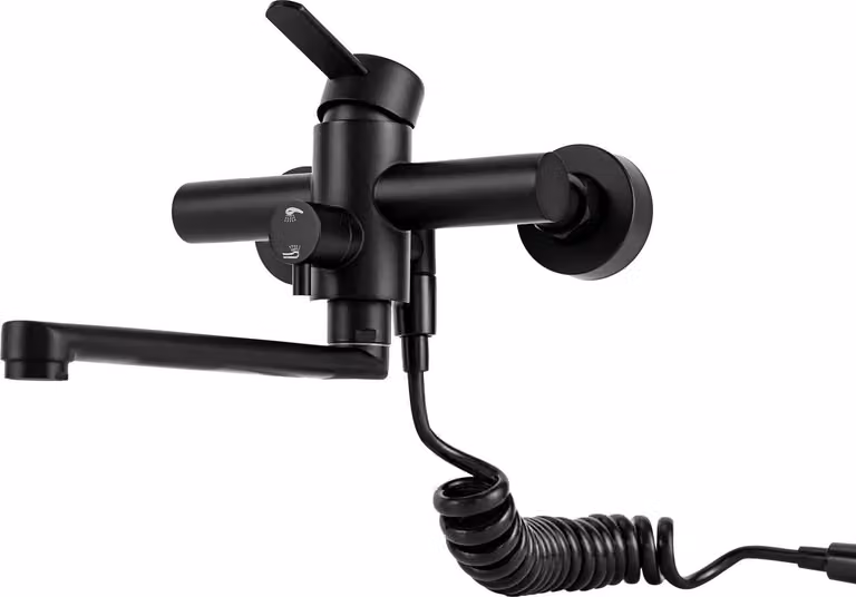 Rubinetto da cucina - Rubinetto a parete con pistola a spruzzo - Orientabile a 360° - 3 modalità di spruzzo - Tubo estraibile da 1,5 m - Acciaio inox 304 - Nero
