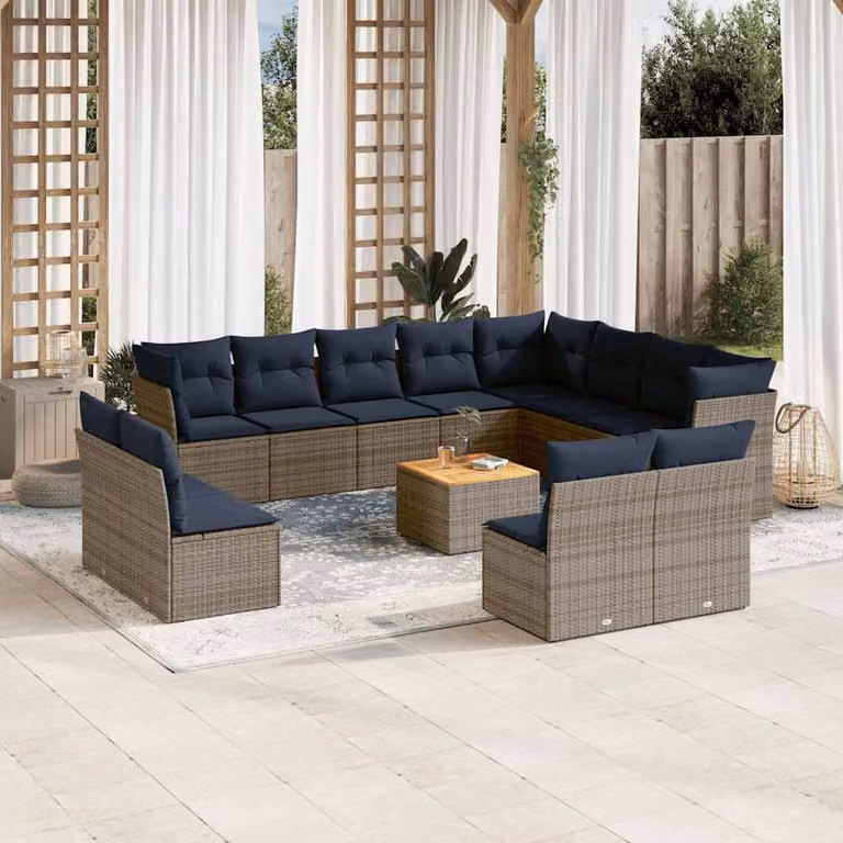 vidaXL Set Divani da Giardino 13 pz in Polyrattan con Cuscini Blu e Grigio e Tavolino da Esterno
