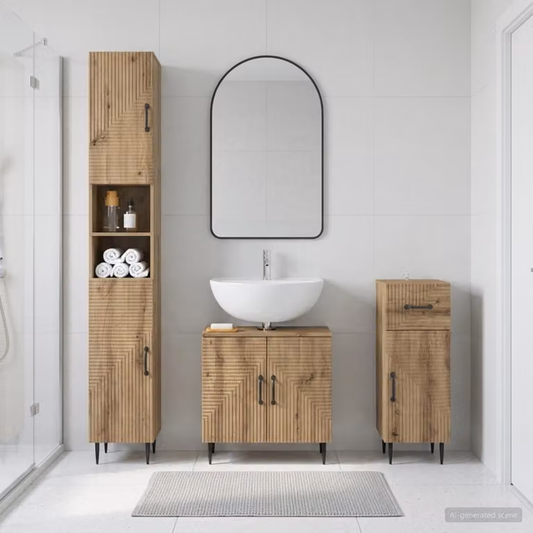 Set di armadietti da bagno HAARLEM vidaXL in legno marrone, composto da 3 pezzi con mobile lavabo, colonna alta e mobile laterale, stile moderno