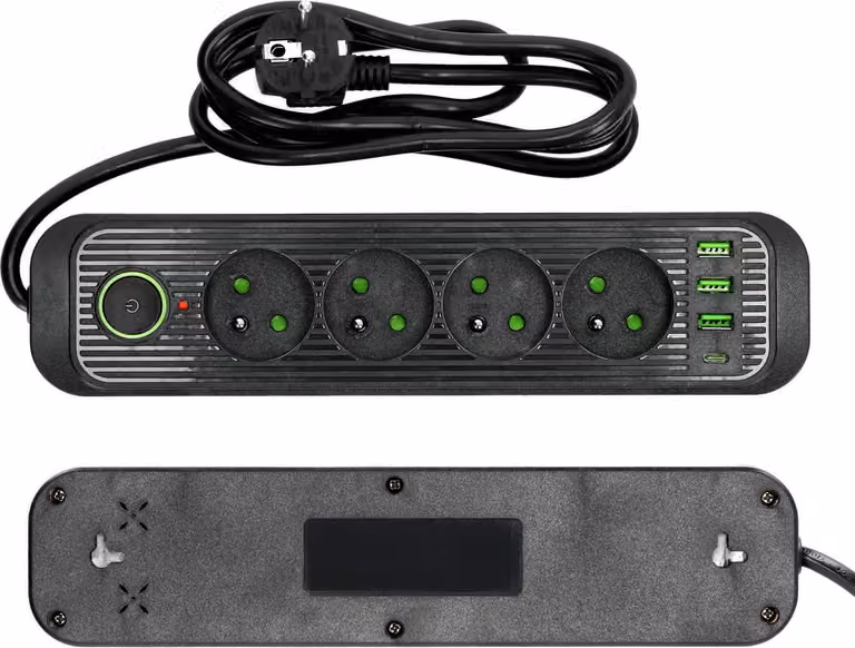 Presa multipla 4AC+4USB, interruttore, 1,5 m, nero