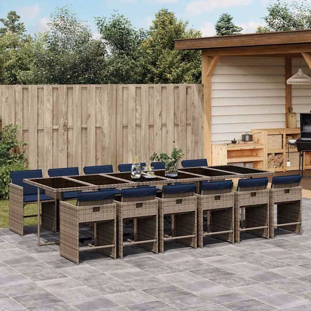 Set da pranzo da giardino vidaXL in polyrattan da 13 pezzi con cuscini e tavolo in vetro, moderno, grigio, nero, blu