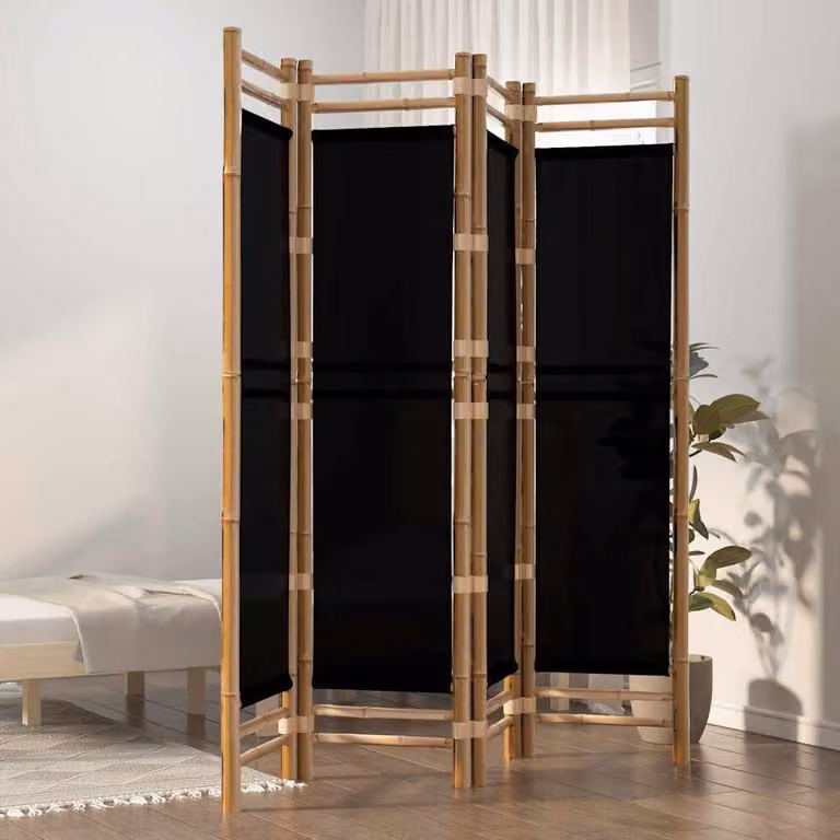 Divisorio Ambienti Pieghevole vidaXL in Bambù e Tela con 4 Pannelli, Colore Nero, H 180 cm x L 160 cm
