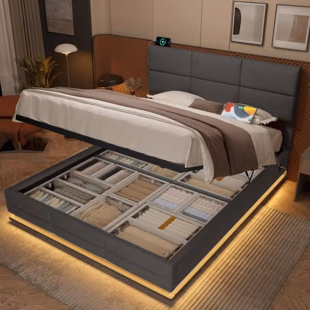 Letto imbottito in velluto grigio 140x200 cm con testiera regolabile, illuminazione LED, porte USB/Type-C e spazio contenitivo XXL