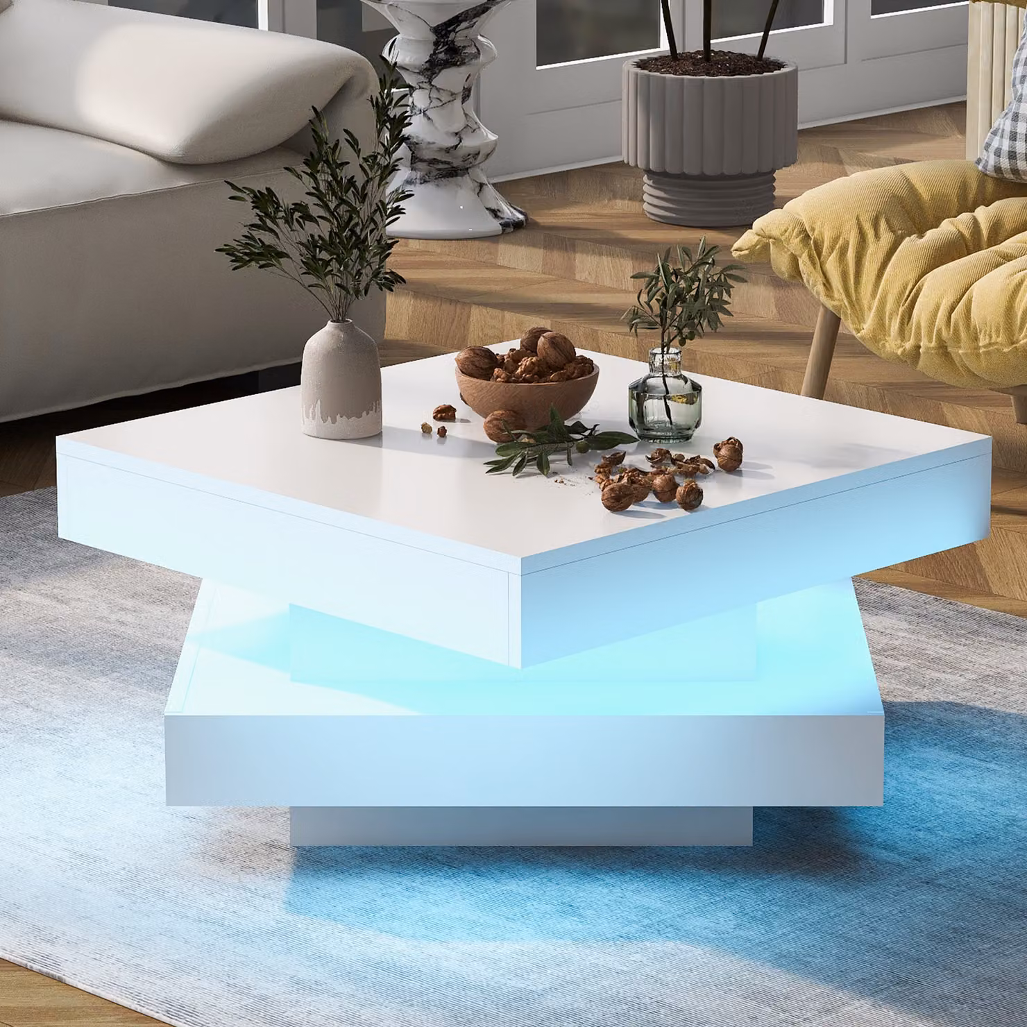 Tavolino Merax con LED, tavolino lucido con piano girevole, tavolino da salotto 70x70x36 cm, bianco