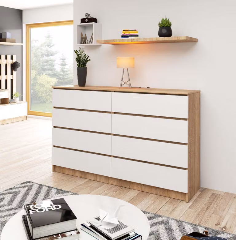 Comò alto da 160 cm con 8 cassetti. Mobile contenitore laterale, credenza o consolle alta 99 cm