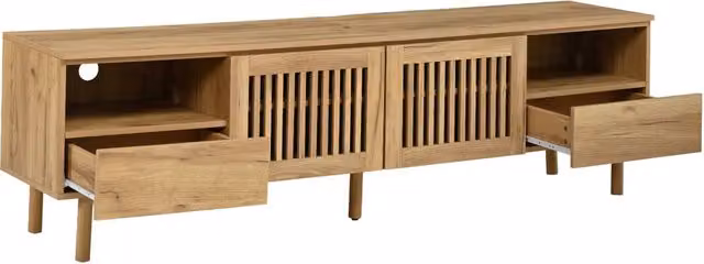 Mobile TV con 2 ante a griglia, 2 cassetti, vani aperti, passacavi, per soggiorno, MDF effetto legno, 180 × 40 × 51 cm
