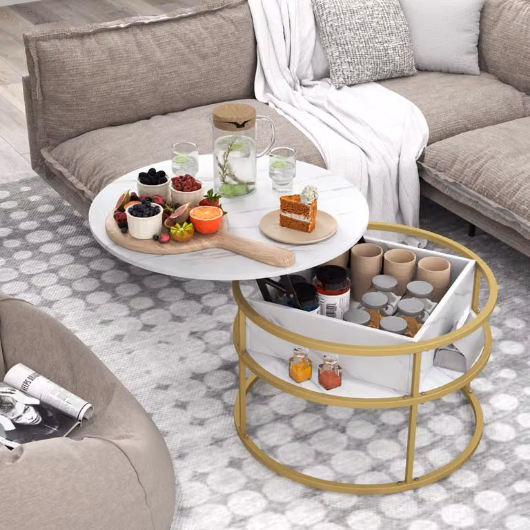Tavolino da caffè rotondo Costway con piano sollevabile e vano nascosto, Bianco, Diametro: 80 cm