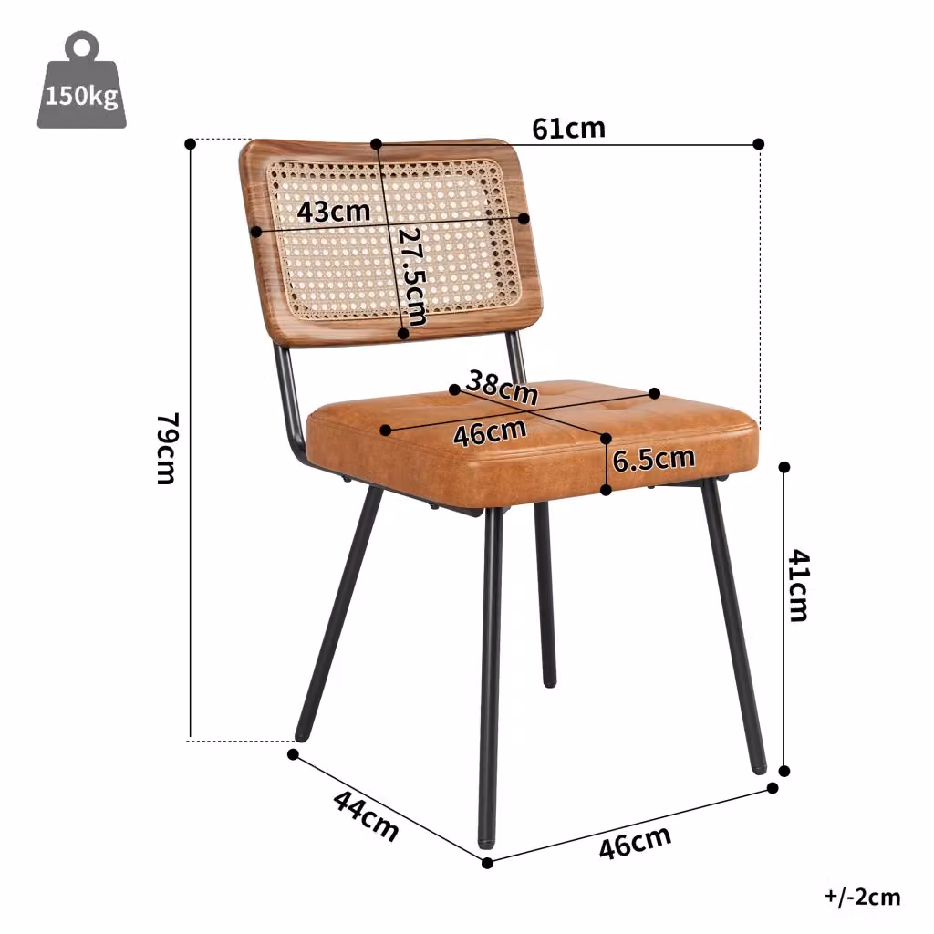 Sedia da pranzo WISHDOR in similpelle e metallo con schienale in rattan, marrone, L: 61 cm, P: 46 cm, H: 79 cm – 2
