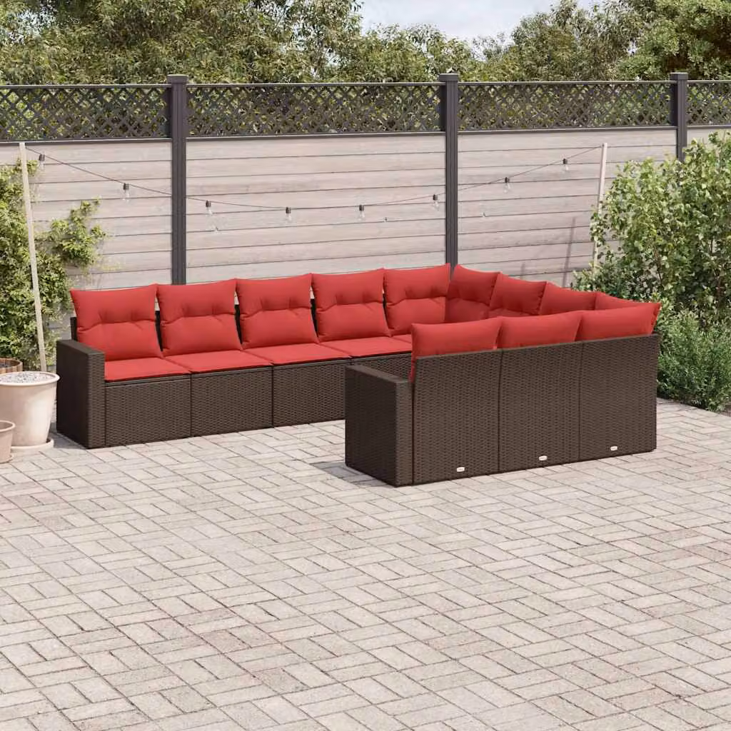 Set di Divani da Giardino a L vidaXL con Cuscini in Polyrattan Marrone e Rosso e Struttura in Acciaio – 1