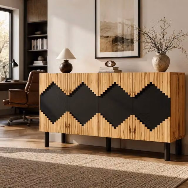 Mobile Moderno con 2 Ante a Spinta, Motivo a Rombo, MDF e Truciolato, 140x40x70cm, Colore Legno e Nero