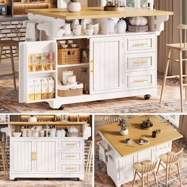 Isola Cucina Multifunzione con Estensione Tavolo Regolabile, Piani Ribaltabili su Entrambi i Lati, Ante a Motivo Verticale, Ampio Spazio con Cassetti, Mobile Buffet su Ruote
